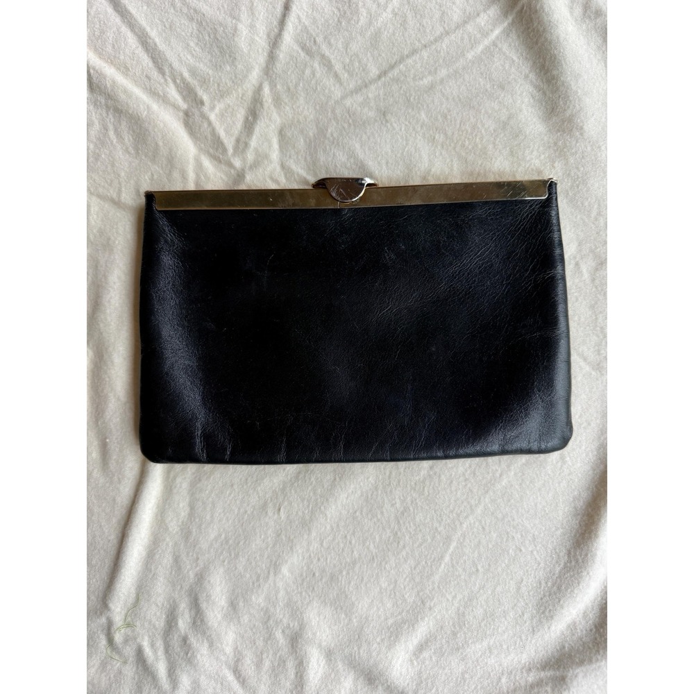 VTG Etra Leather Clutch Black Gold Frame Kiss Lock Chain Bag 1960-70s